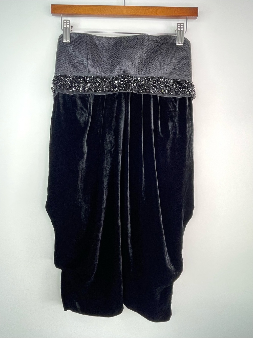 Escada Black Drapey Velvet Mini Dress Embellished Beaded Waist Size 36